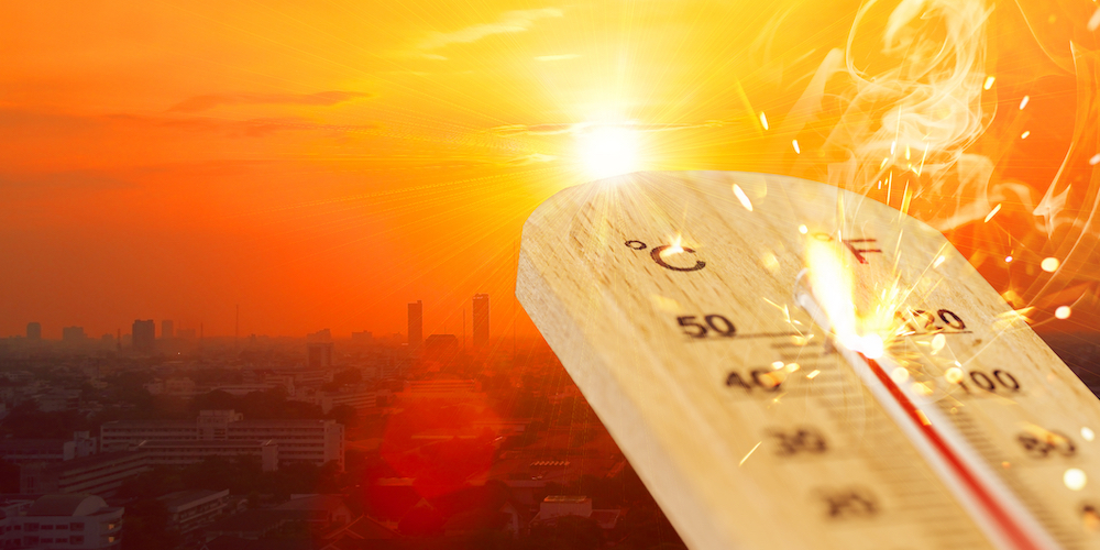 summer hot weather season high temperature thermometer with city view.